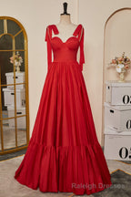 Red Bow Tie Straps A-line Satin Long Prom Dress