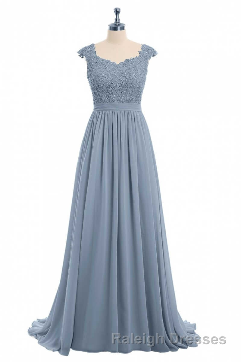 Dusty Blue Lace Cap Sleeve A-Line Floor-Length Bridesmaid Dress