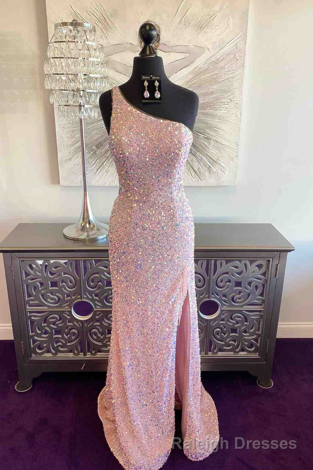 Pink Mermaid One Shoulder Sequins Keyhole Long Prom Dress with Slit Main image