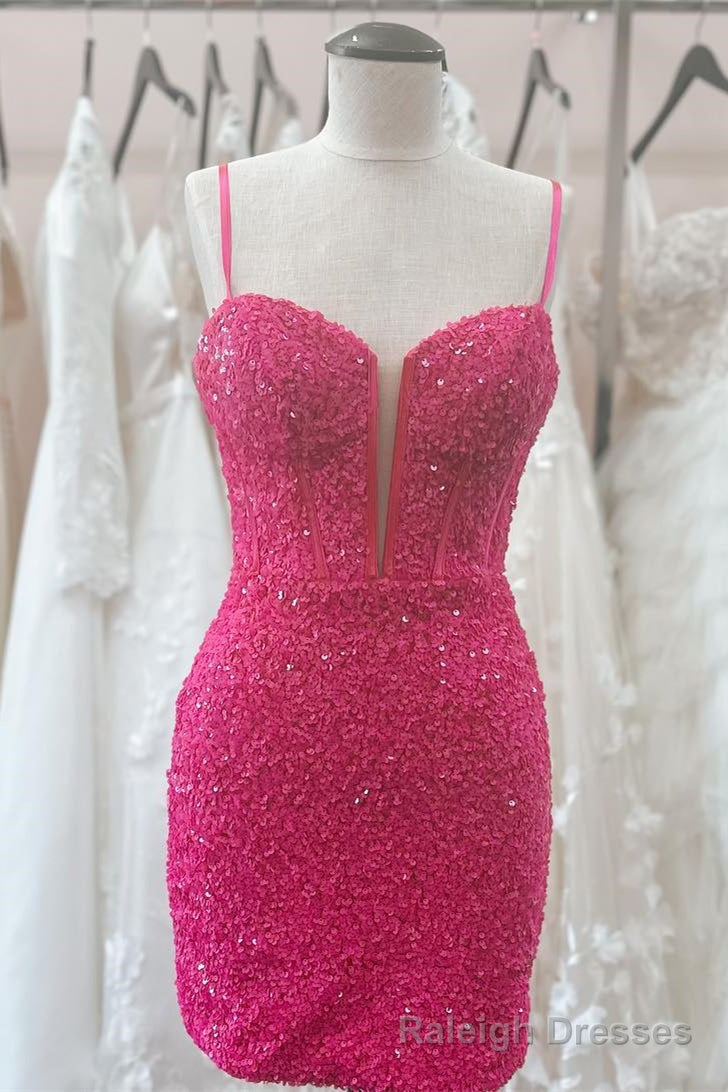Hot Pink V Neck Straps Sequins Sheath Homecoming Dress Main image
