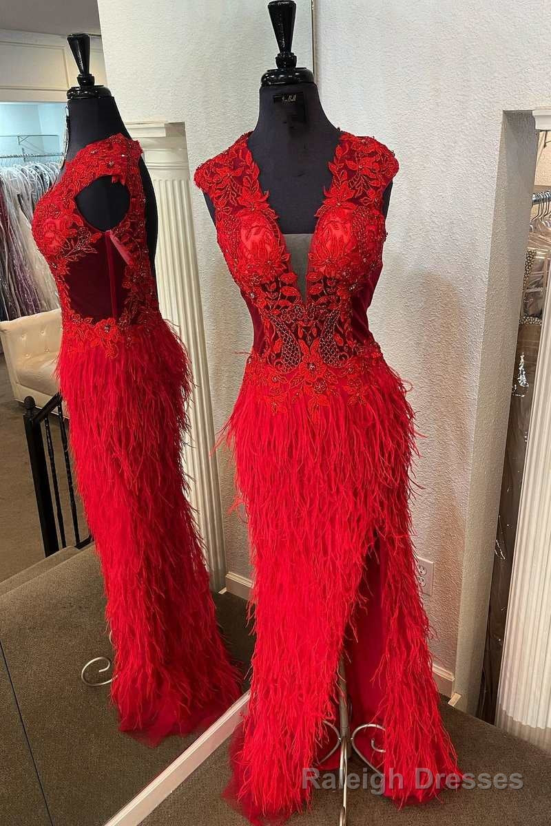Red Lace Feather V Neck Long Prom Dress with Slit