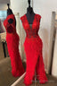 Red Lace Feather V Neck Long Prom Dress with Slit