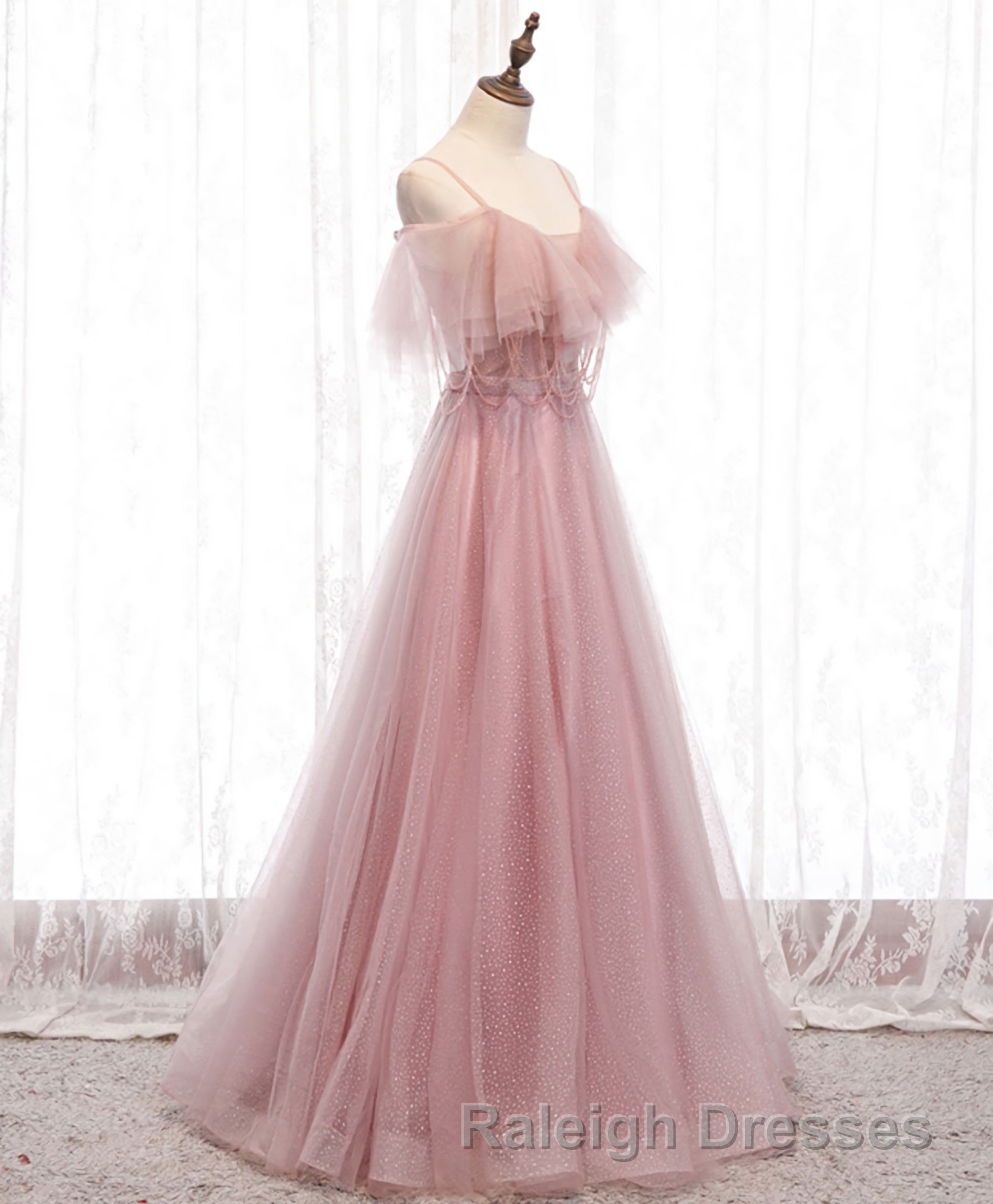 Pink Sweetheart Tulle Long Prom Dress, Pink Tulle Formal Dress, 1