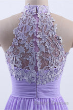 High Neck Lavender Chiffon Empire A Line Long Bridesmaid Dresses
