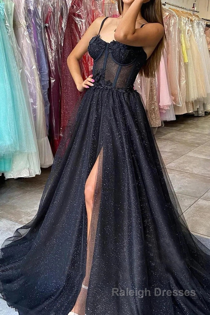 Black A Line Spaghetti Straps Prom Dresses with Slit, Sparkly Evening Gown Secondary image