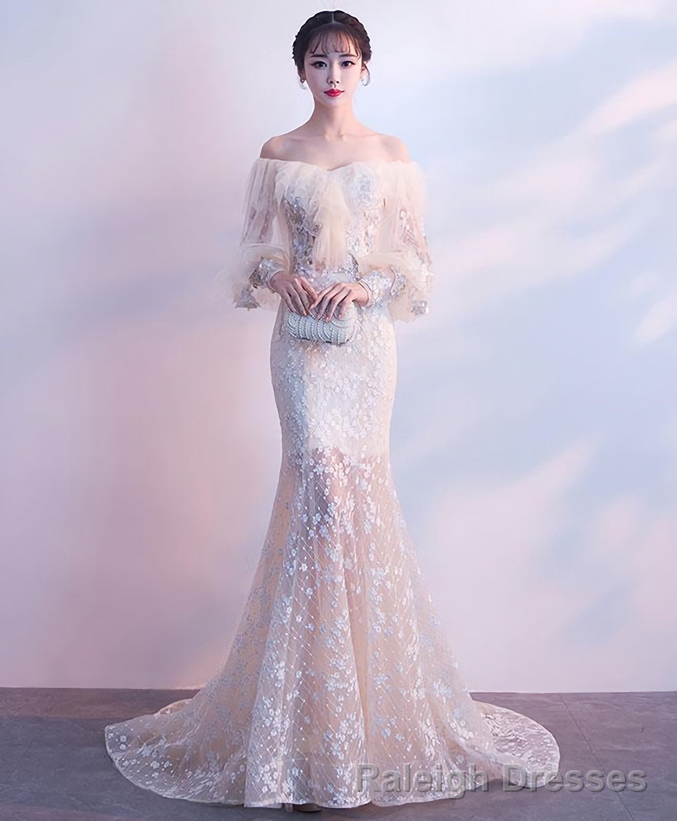 Champagne Tulle Lace Mermaid Long Prom Dress Tulle Lace Evening Dress