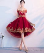 Burgundy Tulle Lace Short Prom Dress High Low Bridesmaid Dress