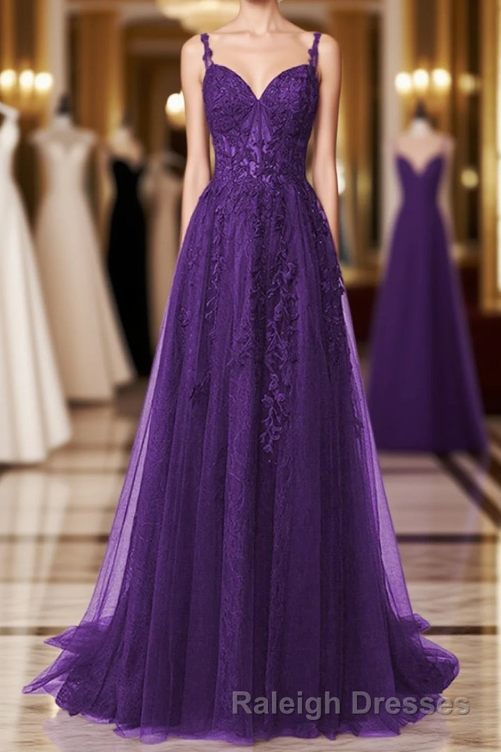 Purple A-Line Tulle Off Shoulder Long Prom Dress With Lace, Purple Evening Dress Party Dress Main image