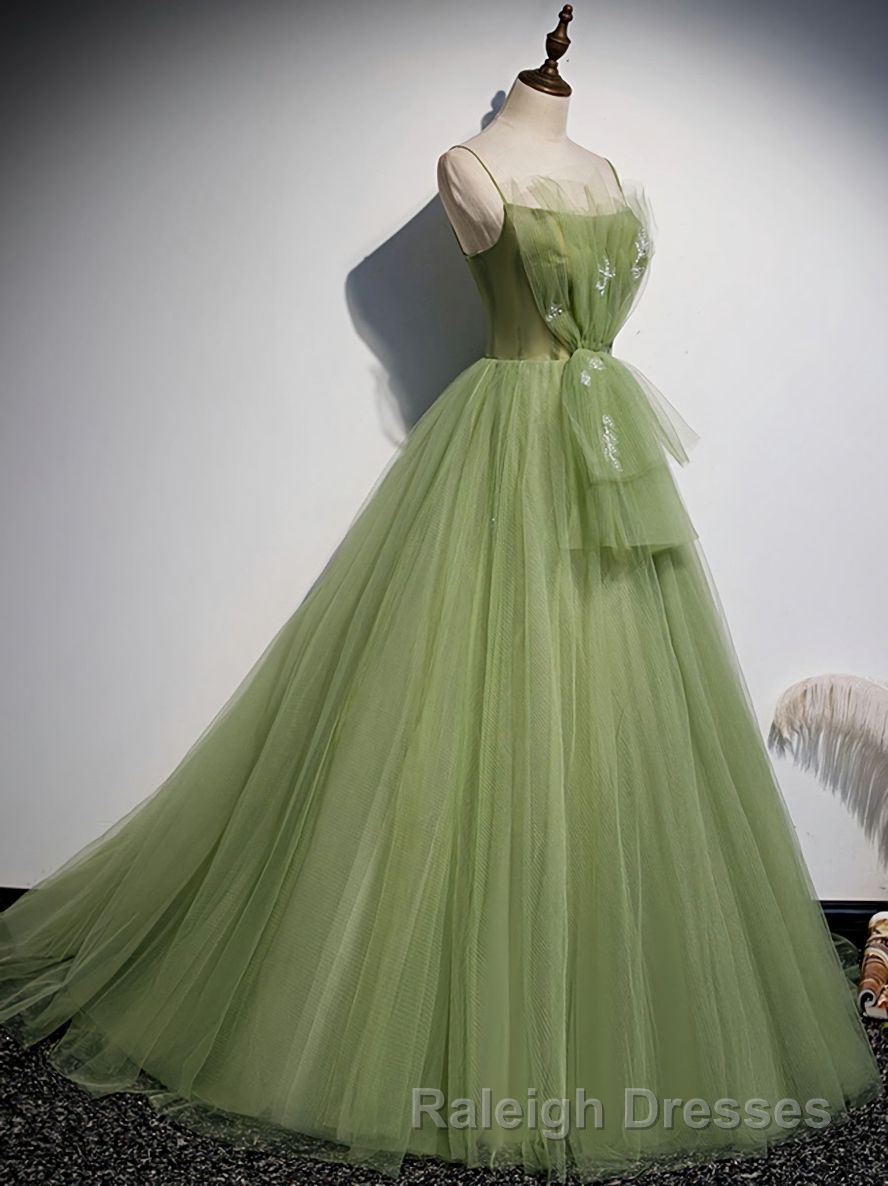 Green Tulle Long Prom Dress, Green Tulle Formal Dress