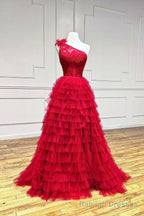 Red Tulle Lace Long Prom Dresses, One Shoulder Evening Dresses