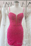 Hot Pink V Neck Straps Sequins Sheath Homecoming Dress