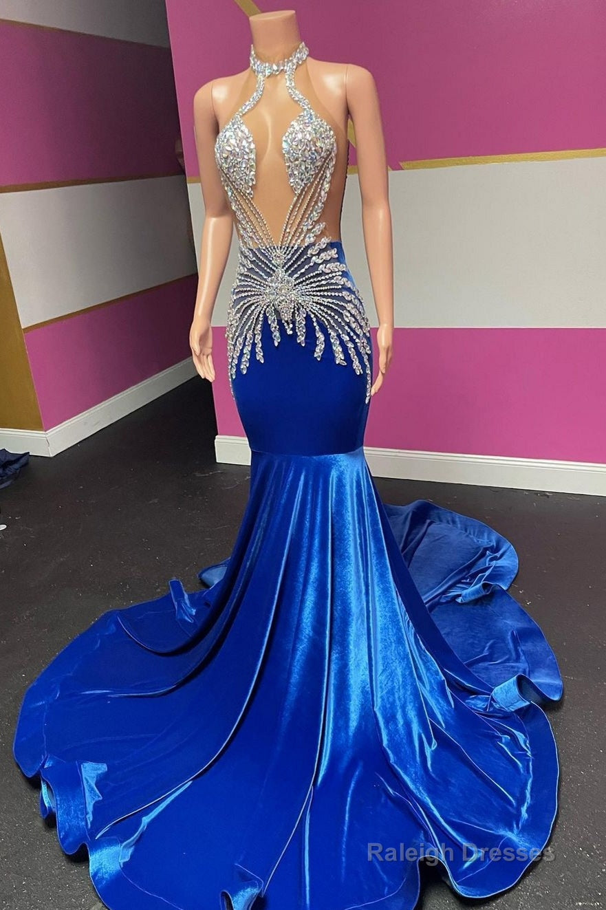 Royal Blue Halter Velvet Mermaid Silver Beaded Prom Dresses Secondary image