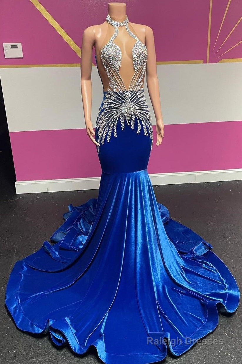 Royal Blue Halter Velvet Mermaid Silver Beaded Prom Dresses