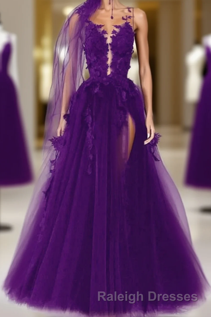 Purple Tulle With Lace Applique Long Party Dress, A-Line Tulle Formal Dress Main image