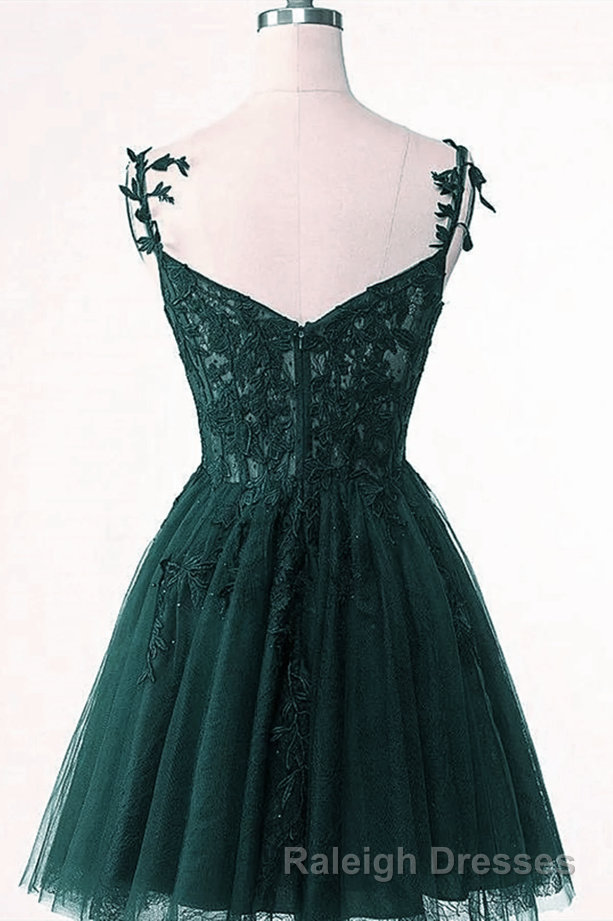 V-Neckline Dark Green Tulle With Lace Short Homecoming Dress, Green Short Prom Dress Secondary image