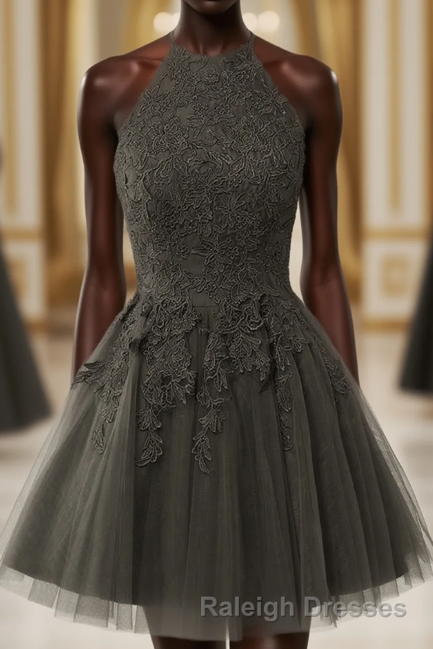 Black Halter Tulle With Lace Short Party Dress, Black Tulle Homecoming Dress