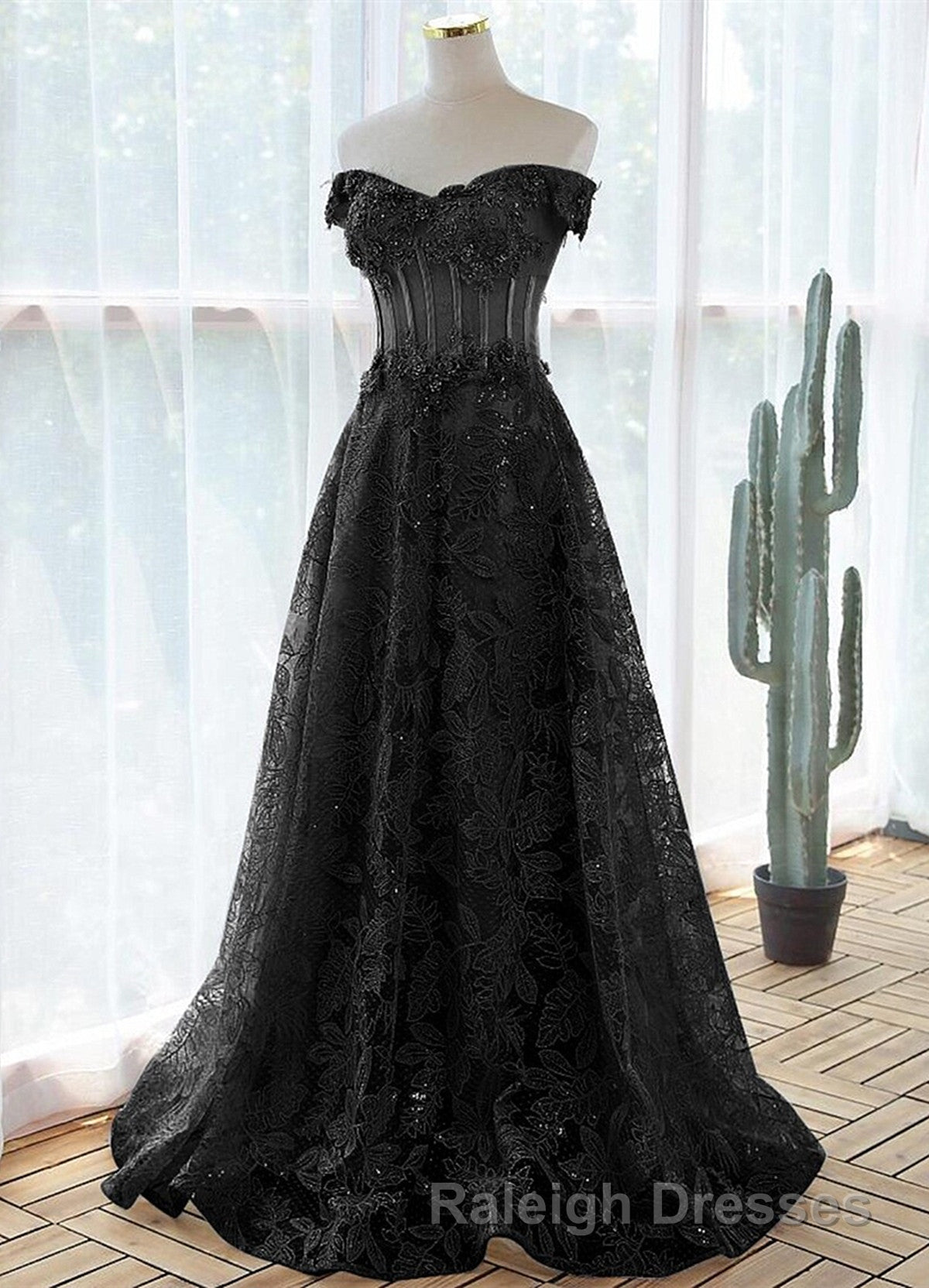 A Line Off Shoulder Black Tulle With Lace Prom Dresses Black Long Prom Dresses