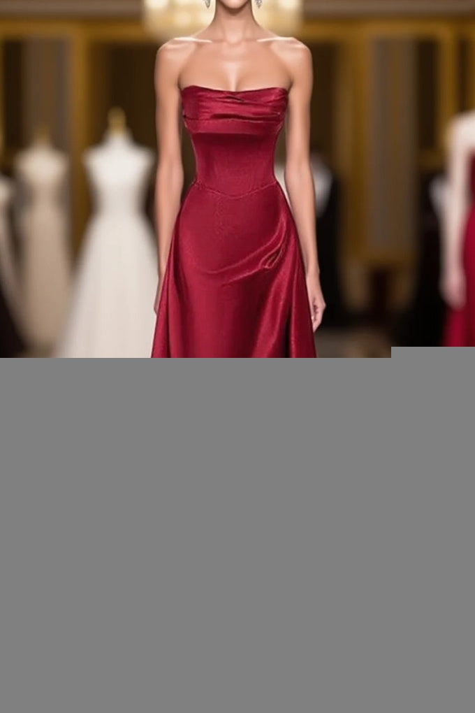 A-Line Sleeveless Wine Red Satin Evening Dress, Wine Red Long Prom Dress Main image