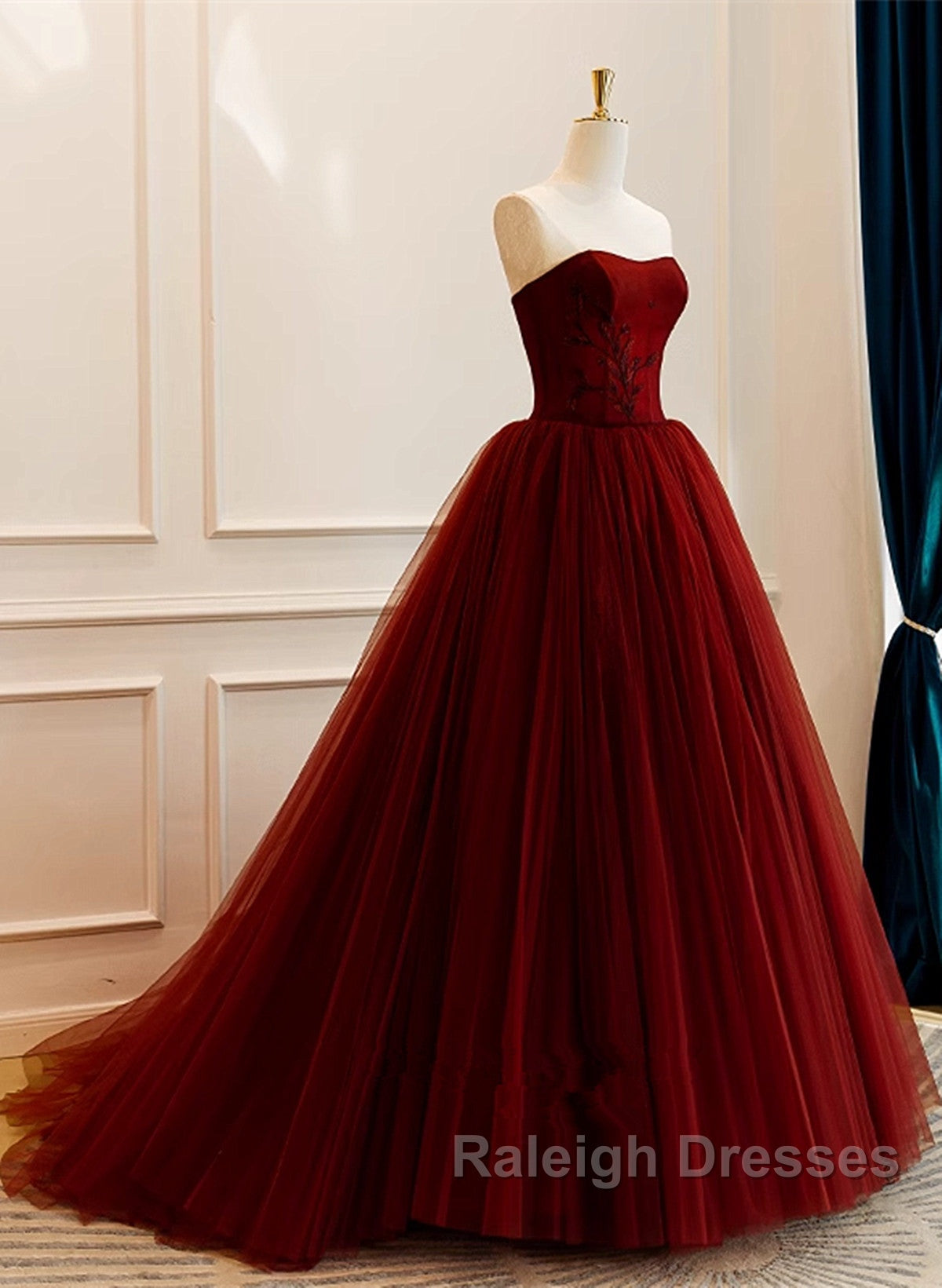 Wine Red Tulle Scoop Long Formal Dress, Wine Red Tulle Prom Dress Party Dress Secondary image