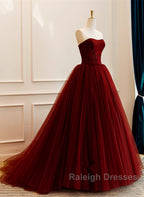 Wine Red Tulle Scoop Long Formal Dress, Wine Red Tulle Prom Dress Party Dress