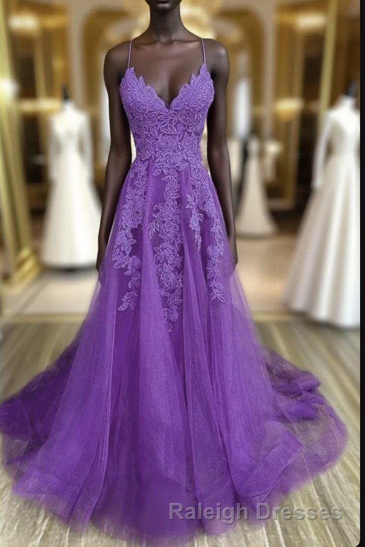 V-Neckline Purple A-Line Straps Long Prom Dress, Purple Long Evening Dress Party Dress Main image