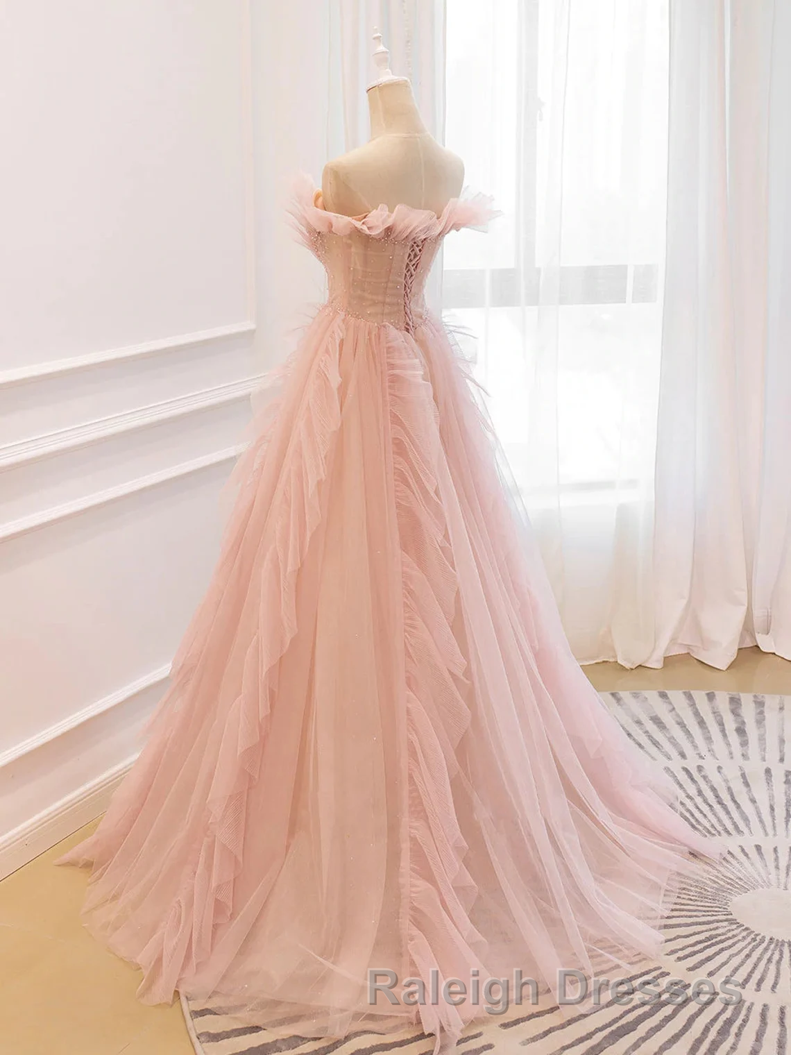 Pink Tulle Off The Shoulder A-Line Tulle Ruffles Floor-Length Prom Dress, Pink Long Party Dress Secondary image