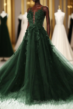 Green A-Line Tulle With Lace Low Back Prom Dress, Green Tulle Evening Dress Party Dress