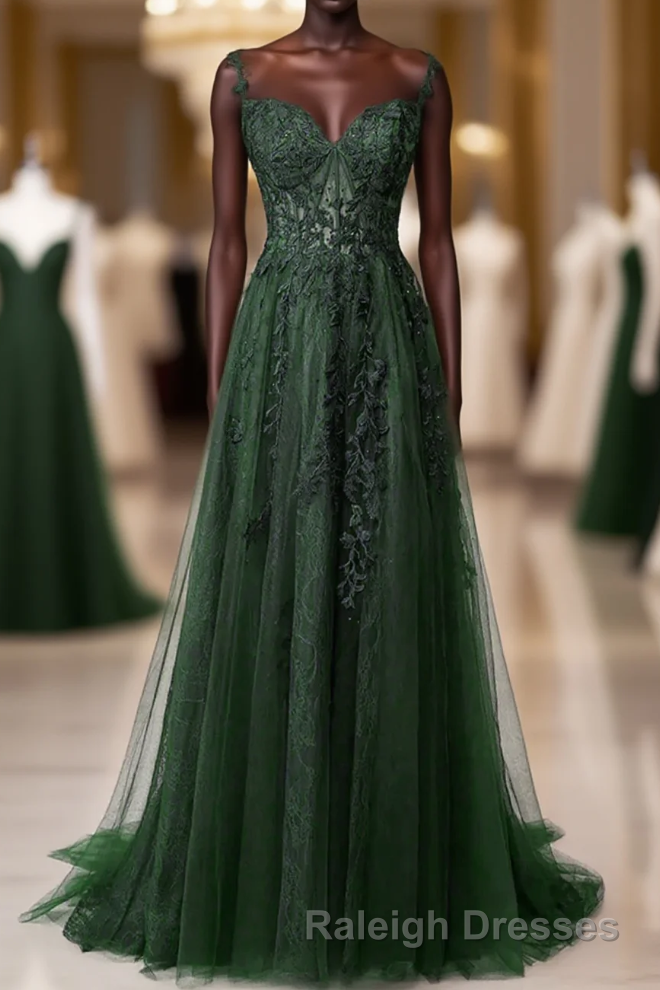 Dark Green Tulle With Lace Beaded Straps Prom Dress, Green Long Formal Dress Party Dress Main image