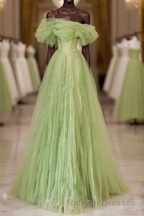 Green Floor Length Simple Off Shoulder Long Formal Dress, Green A-Line Prom Dress