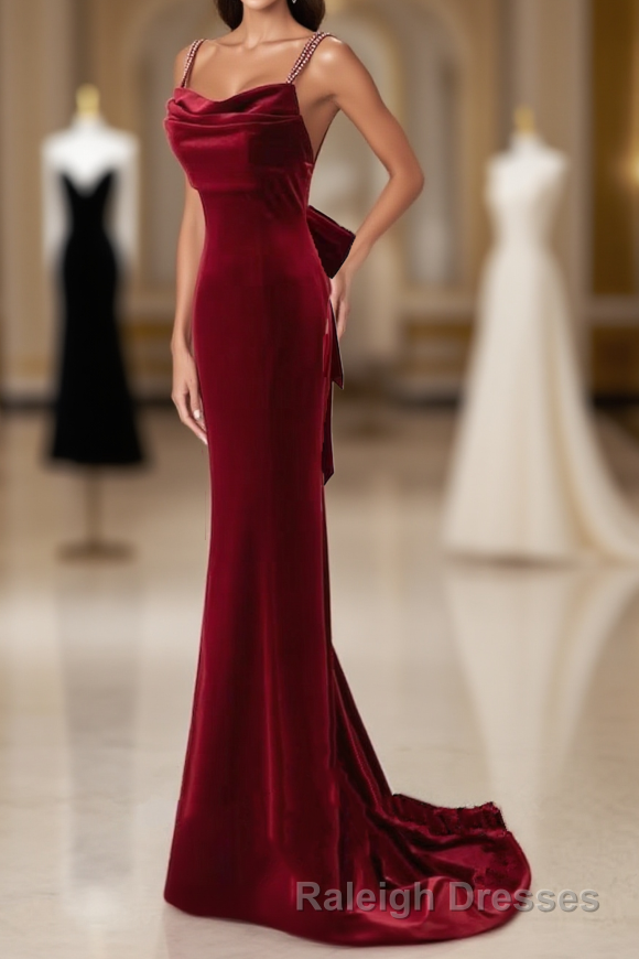 Wine Red Velvet Low Back Straps Long Party Dress, Wine Red Wedding Party Dress Main image