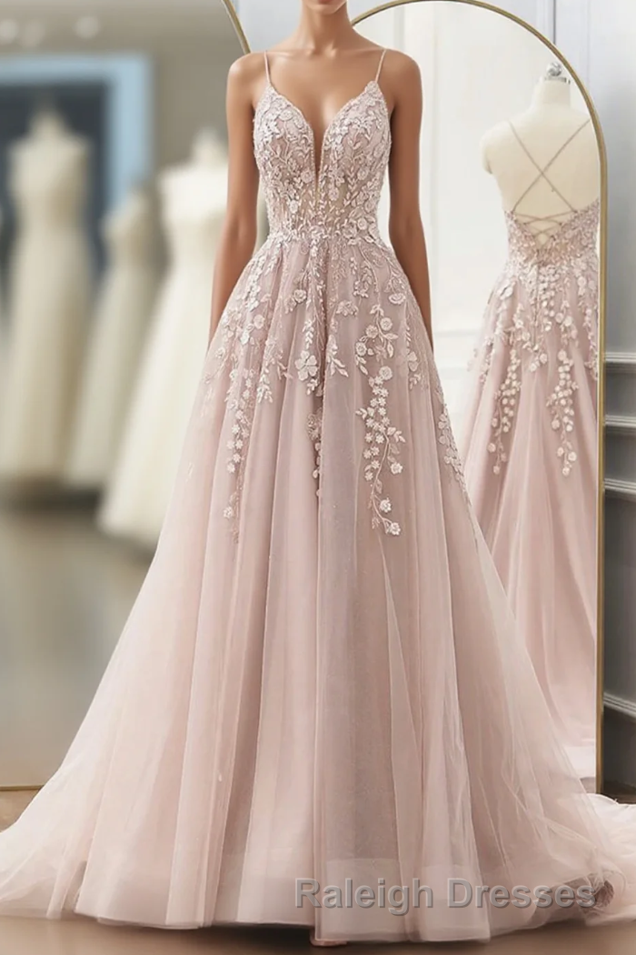 Pink Tulle With Lace Straps Long Party Dress, Pink Tulle Prom Dress Evening Dress Main image