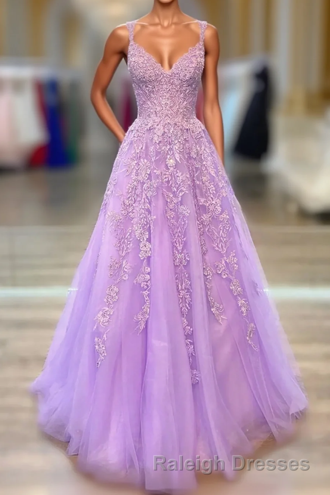 A-Line Tulle Princess Light Purple Prom Dress With Appliques, Tulle Straps Formal Dress Main image