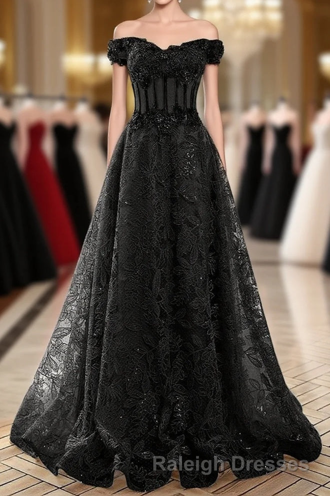 A-Line Off Shoulder Black Tulle With Lace Party Dress, Black Long Prom Dress Main image