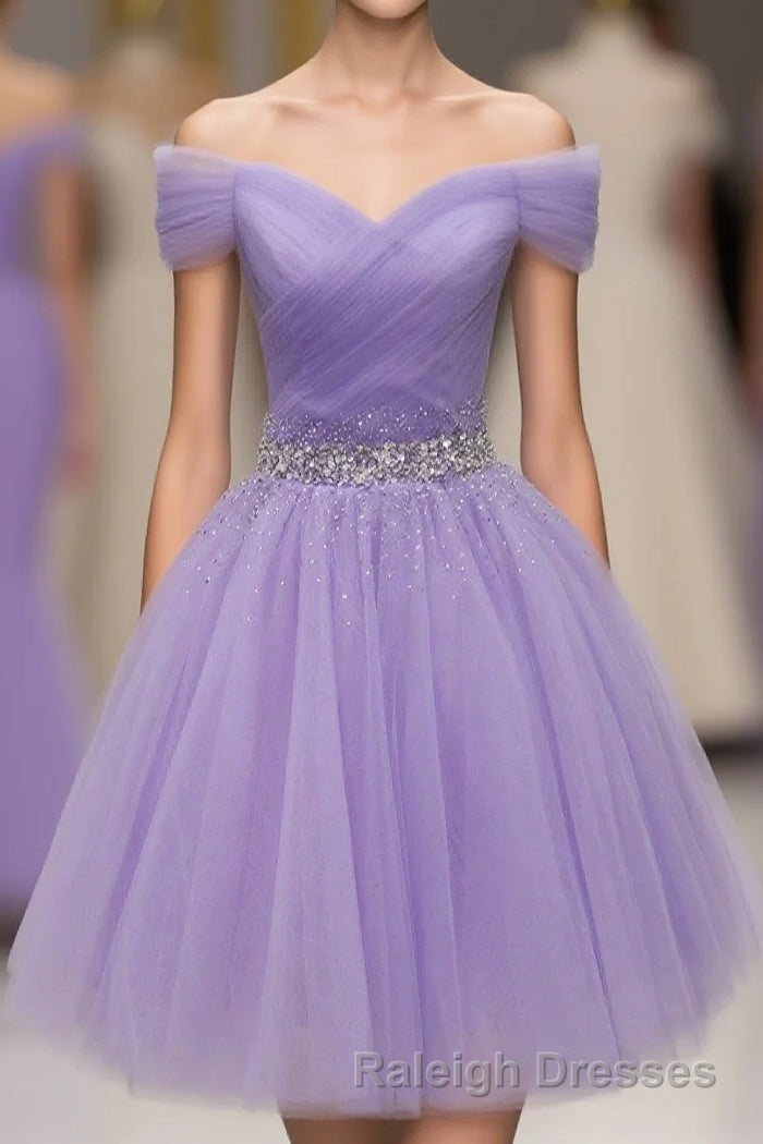 Purple Off Shoulder Tulle Sequin Prom Dress, Purple Homecoming Dress Main image