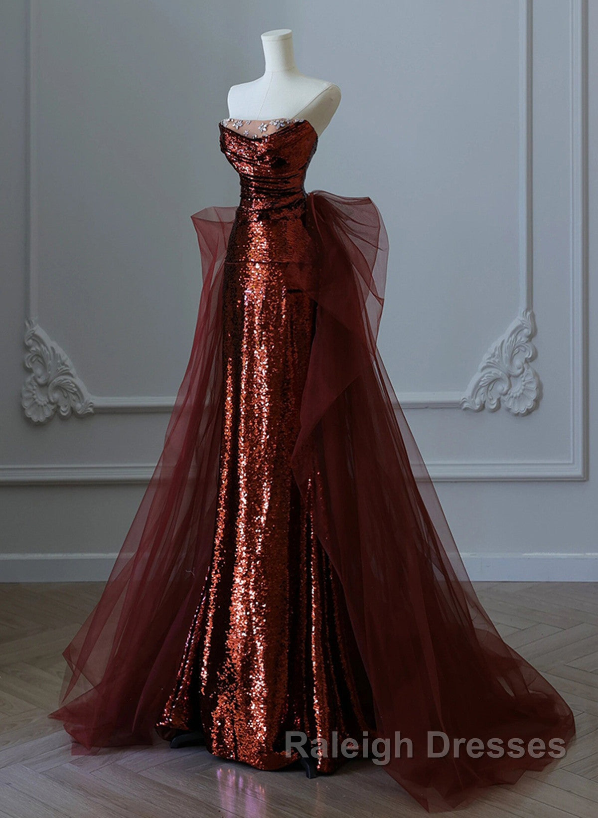 Wine Red Sequins and Tulle Beaded Long Party Dress, Wine Red Evening Dress