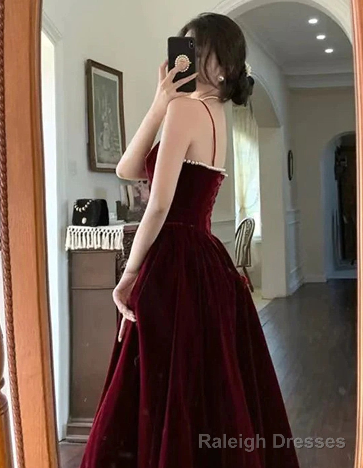 A Line Straps Wine Red Velvet Long Formal Dress, Wine Red Prom Dress