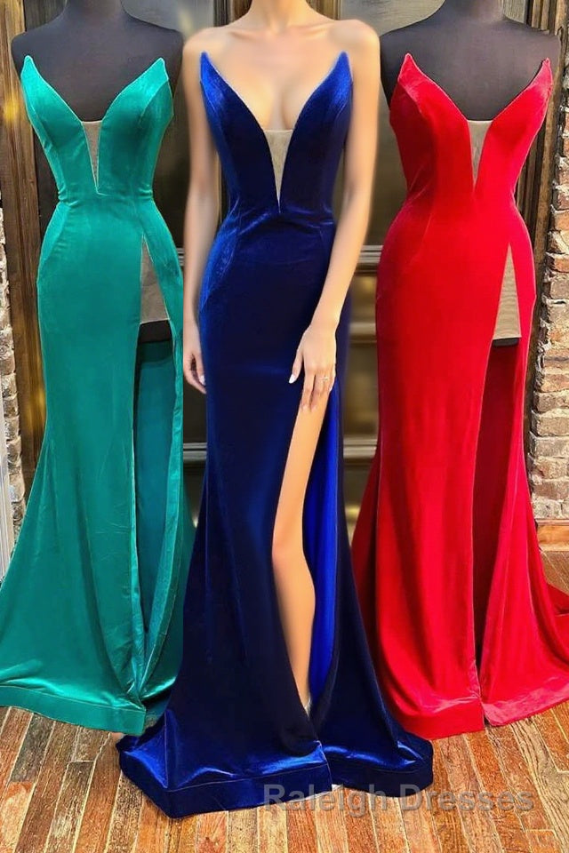 Red Velvet Strapless Mermaid Long Formal Dress with Slit Main image