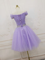 Purple Off Shoulder Tulle Sequin Prom Dresses Purple Homecoming Dresses