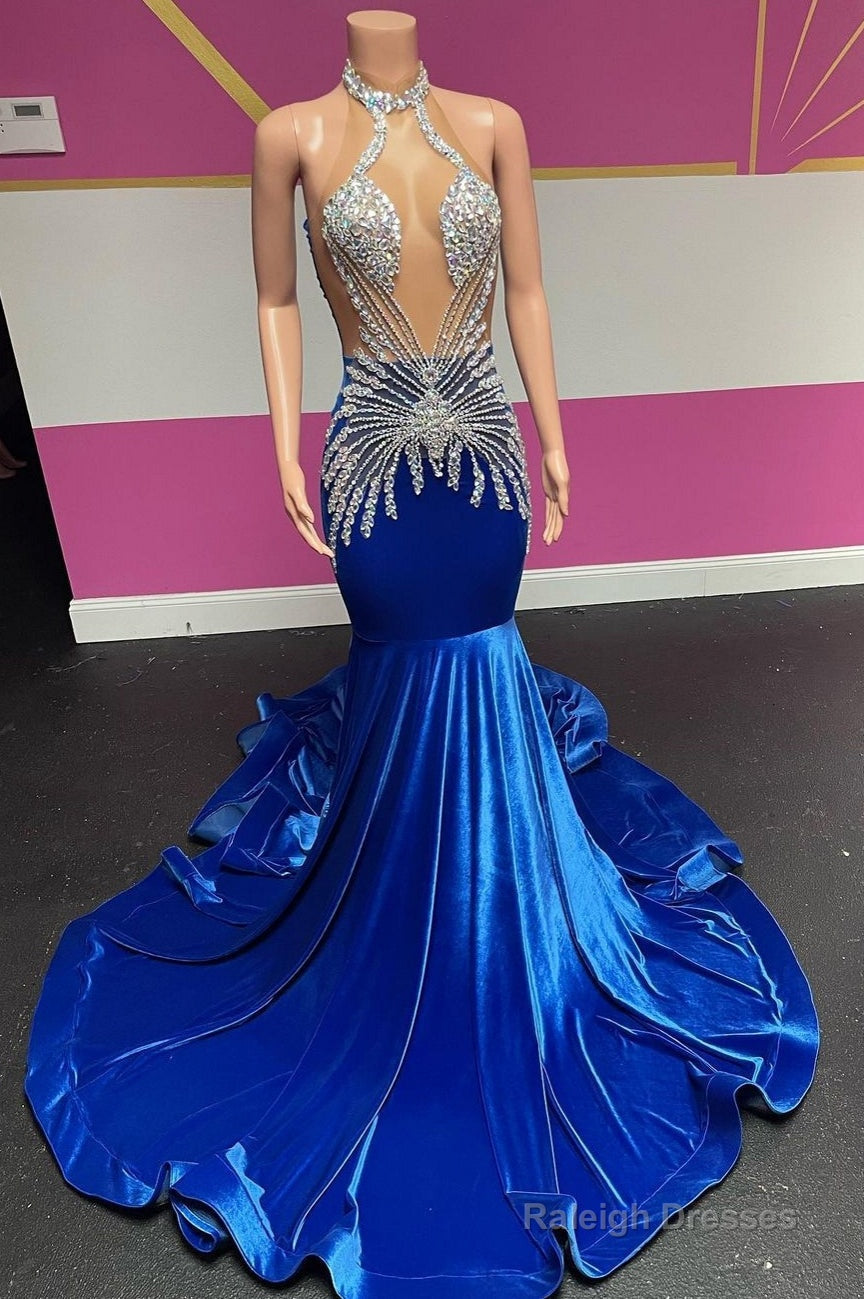 Royal Blue Halter Velvet Mermaid Silver Beaded Prom Dresses Main image