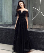 Black Tulle Off Shoulder Long Prom Dress, Black Formal Dress