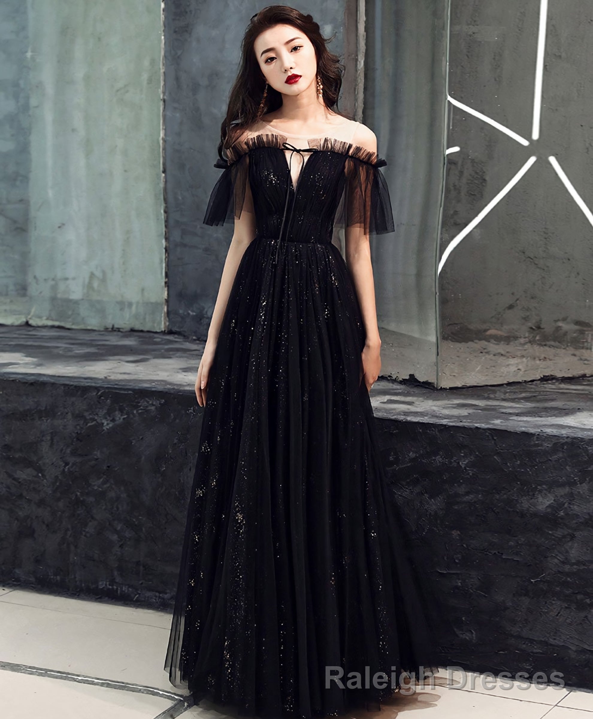 Black Tulle Off Shoulder Long Prom Dress, Black Formal Dress