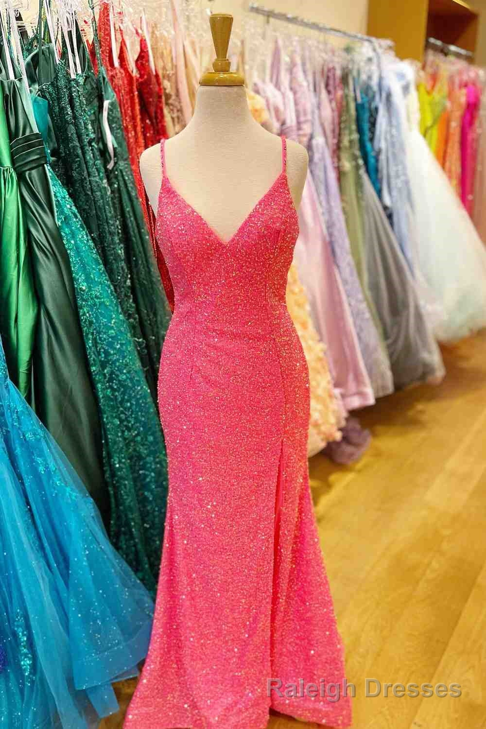 Hot Pink Mermaid V Neck Sequins Crossed Back Long Prom Dress with Slit Main image