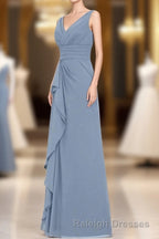 Dusty Blue V Neck Banded Waist Ruffled Long Bridesmaid Dresses
