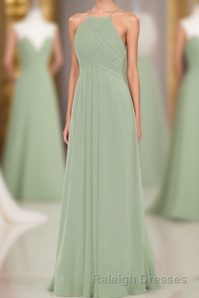 Sage Green Chiffon Halter Backless Long Bridesmaid Dress Main image