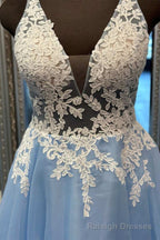 Light Blue Floral Lace V-Back A Line Long Prom Dress