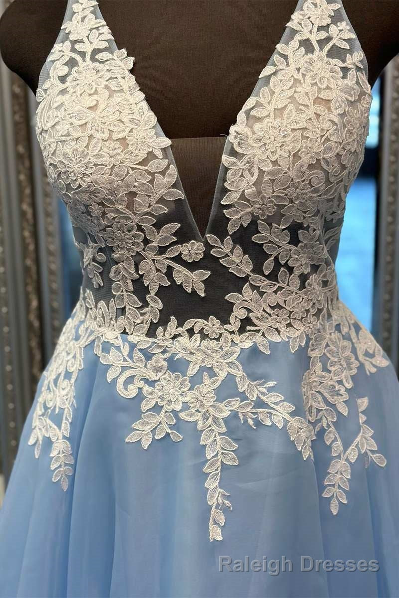 Light Blue Floral Lace V-Back A Line Long Prom Dress