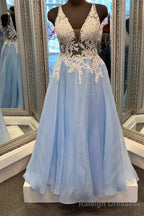 Light Blue Floral Lace V-Back A Line Long Prom Dress