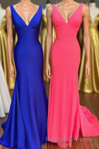 Royal Blue V Neck Open Back Mermaid Long Prom Dresses