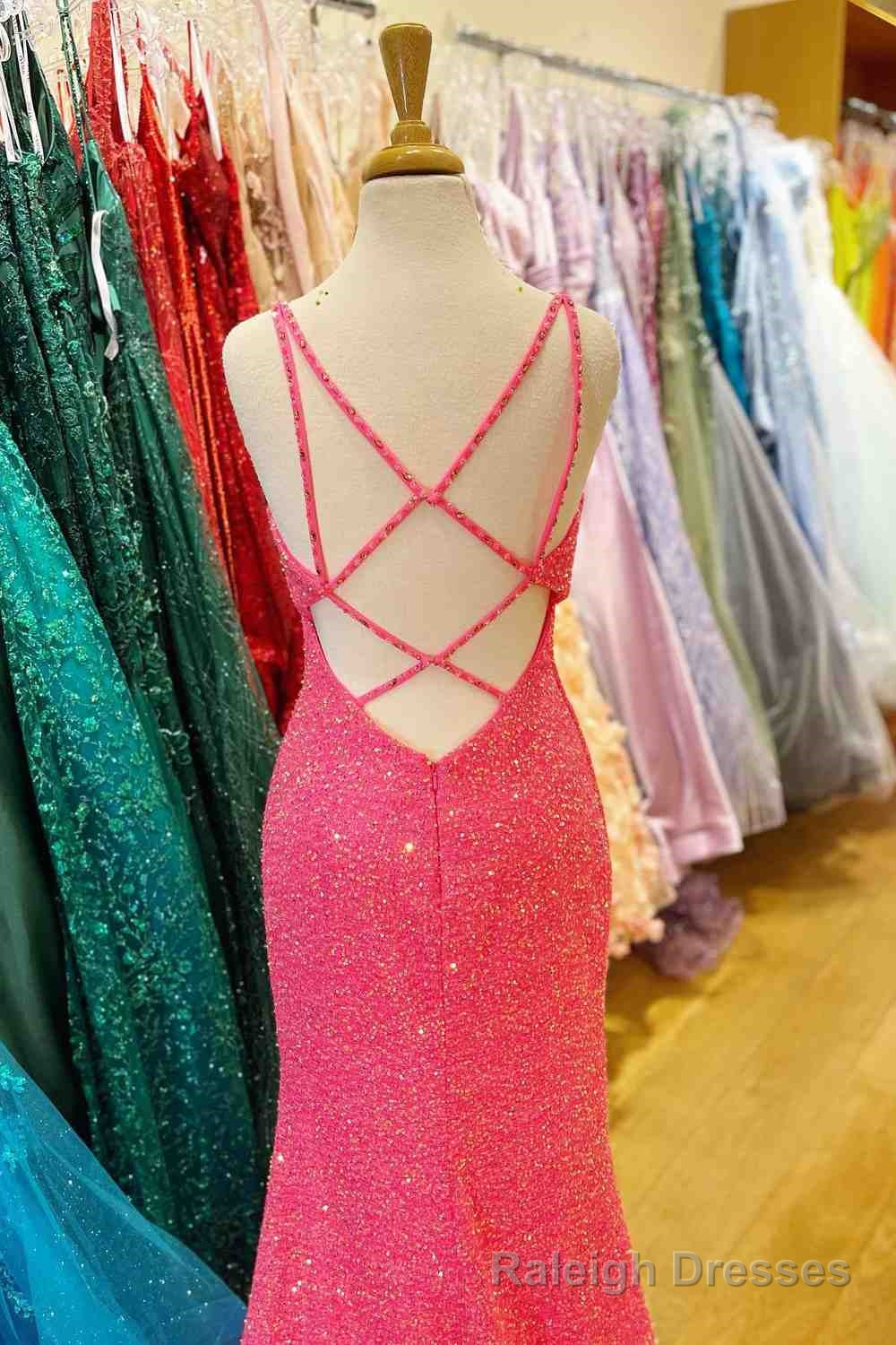Hot Pink Mermaid V Neck Sequins Crossed Back Long Prom Dress with Slit Secondary image