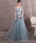 Green V Neck Tulle Lace Long Prom Dress Green Evening Dress